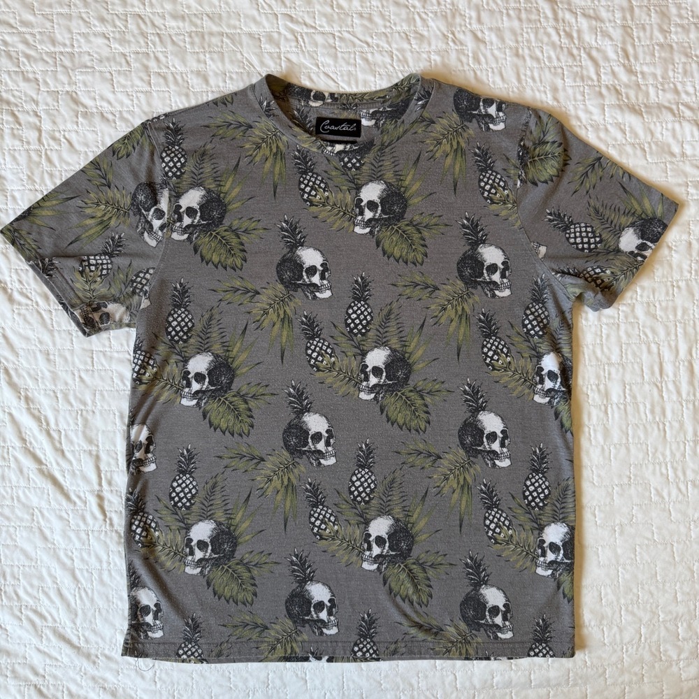Coastal Mens T-Shirt Large Gray Skull‎ Pineapple Tropical Print Short Sleeve